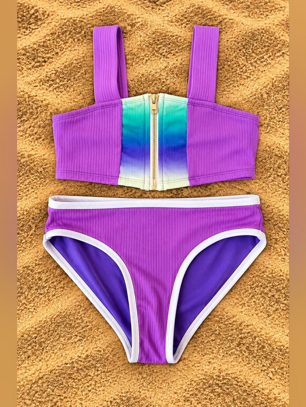 Justice Girls 7/8 Purple Ribbed Colorblock 2 Piece Bikini NWT